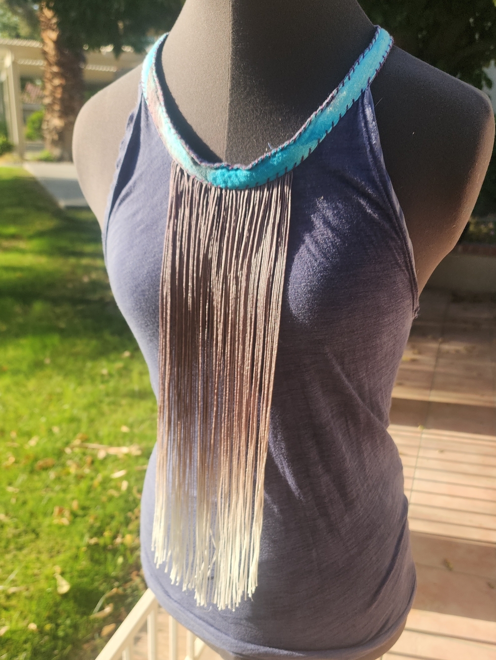 Free People Navy Halter Tank with Turquoise Trim & Ombre Fringe